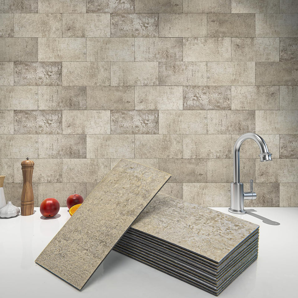 Art3d kitchen backsplash tile in stone beige, easy peel-and-stick for quick upgrades
