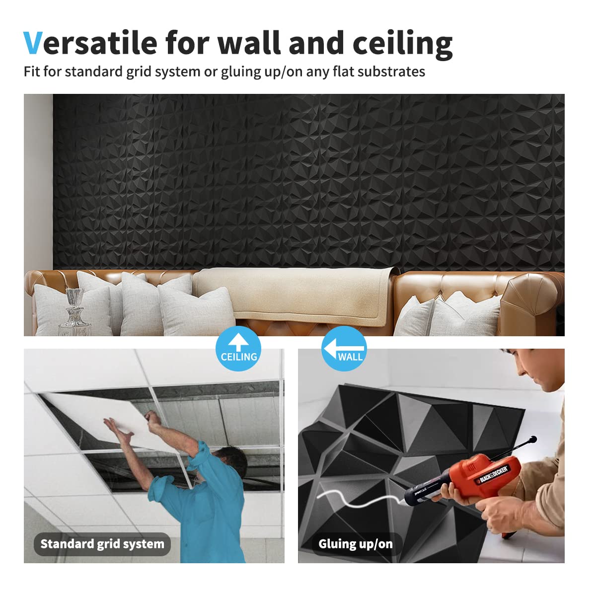 Art3d kitchen-wall backdrop with matte black panels for contemporary style.
