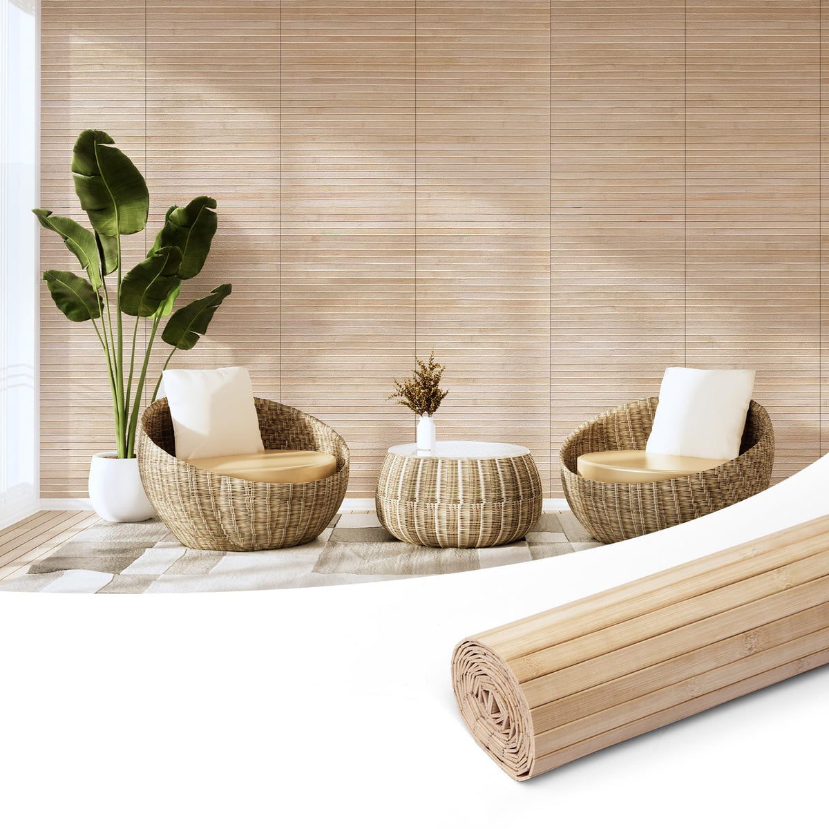 Art3d natural bamboo wall panel roll laid out for interior decor