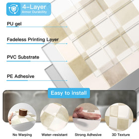 Art3d self-adhesive backsplash tile, 0.08-inch thick for durability.