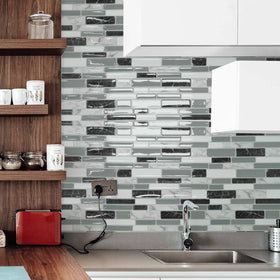 Art3d peel-and-stick tile bathroom backsplash showing moisture resistance and easy cleanup.