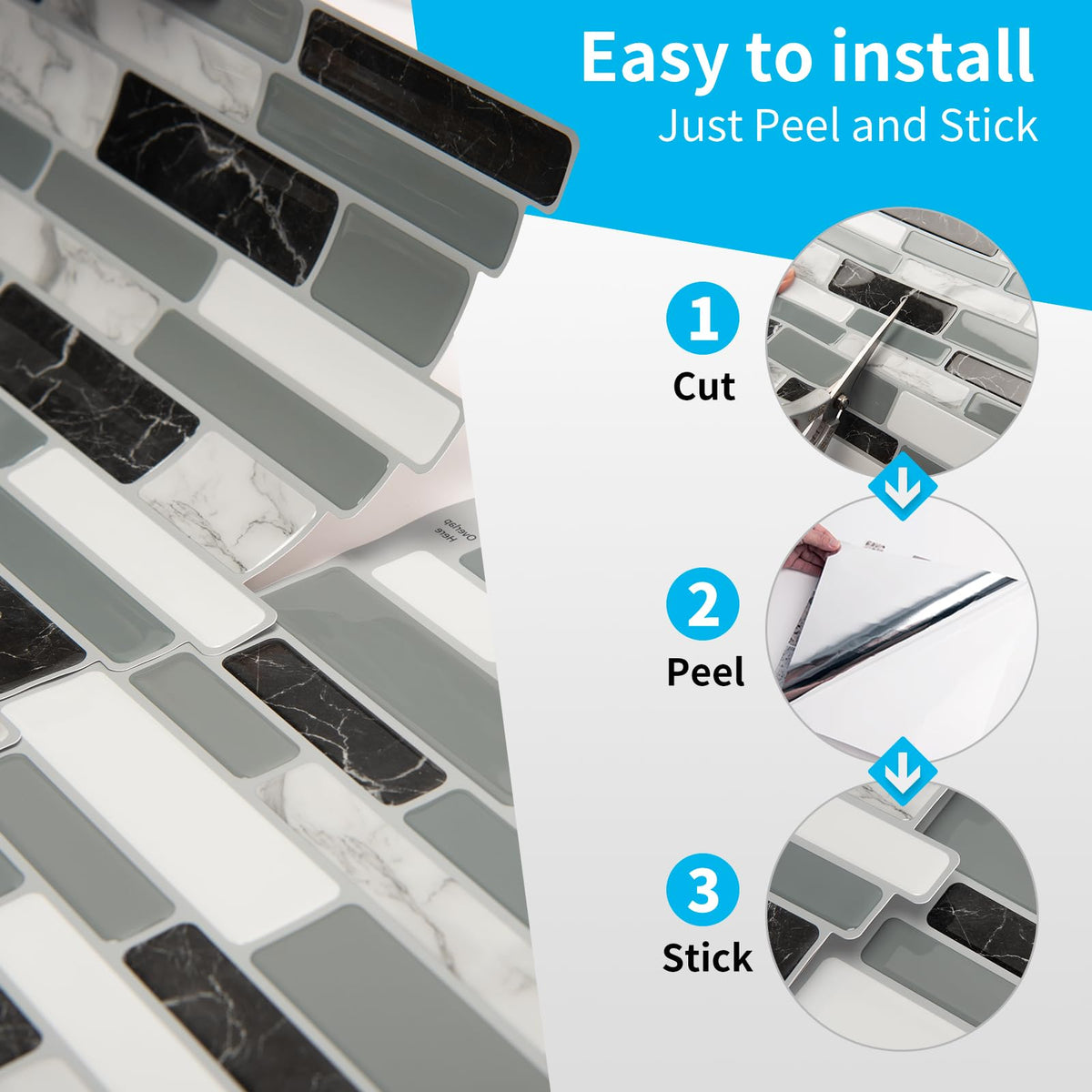 Art3d peel-stick tile with stain resistance and easy wipe-clean maintenance.