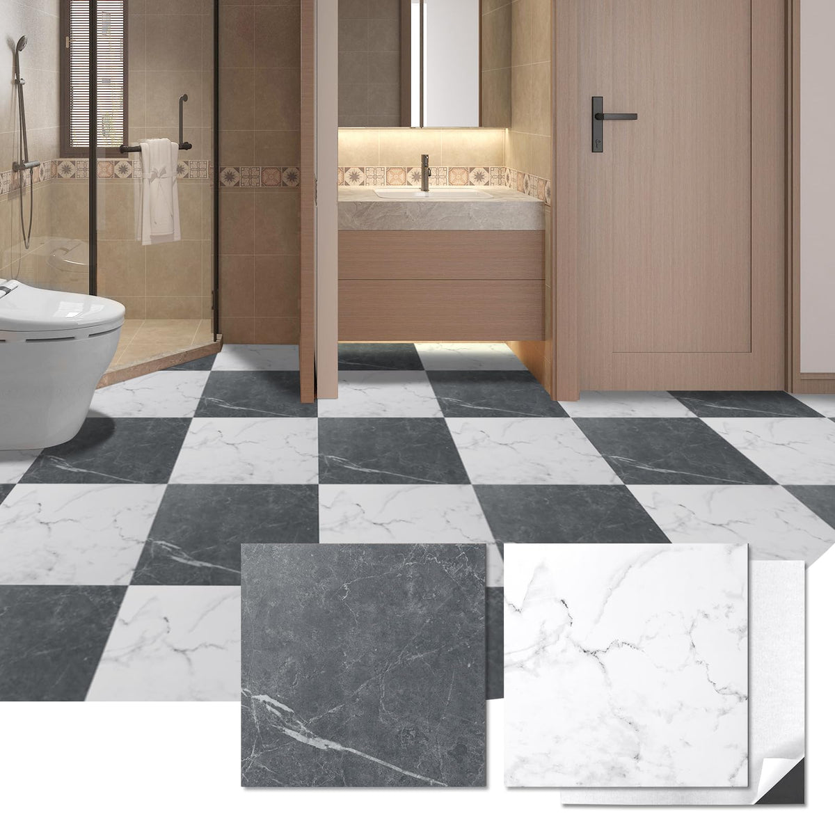 Art3d peel and stick vinyl tile in black and white marble for a quick DIY upgrade.