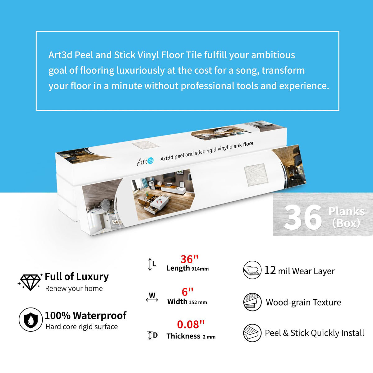 Art3d Rigid-core flooring tile with stable performance