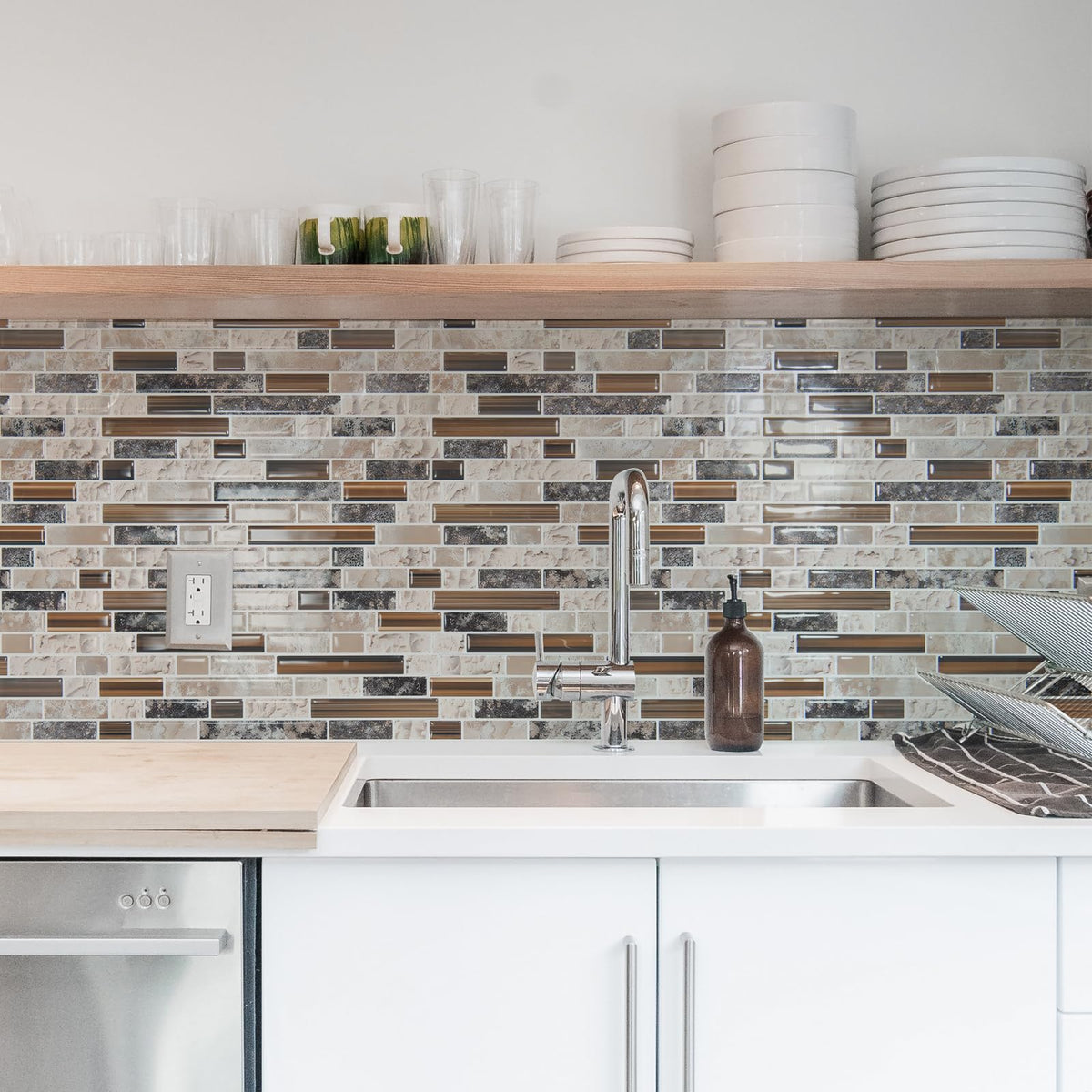 Art3d sandstone kitchen backsplash setup demonstrates quick seamless installation.