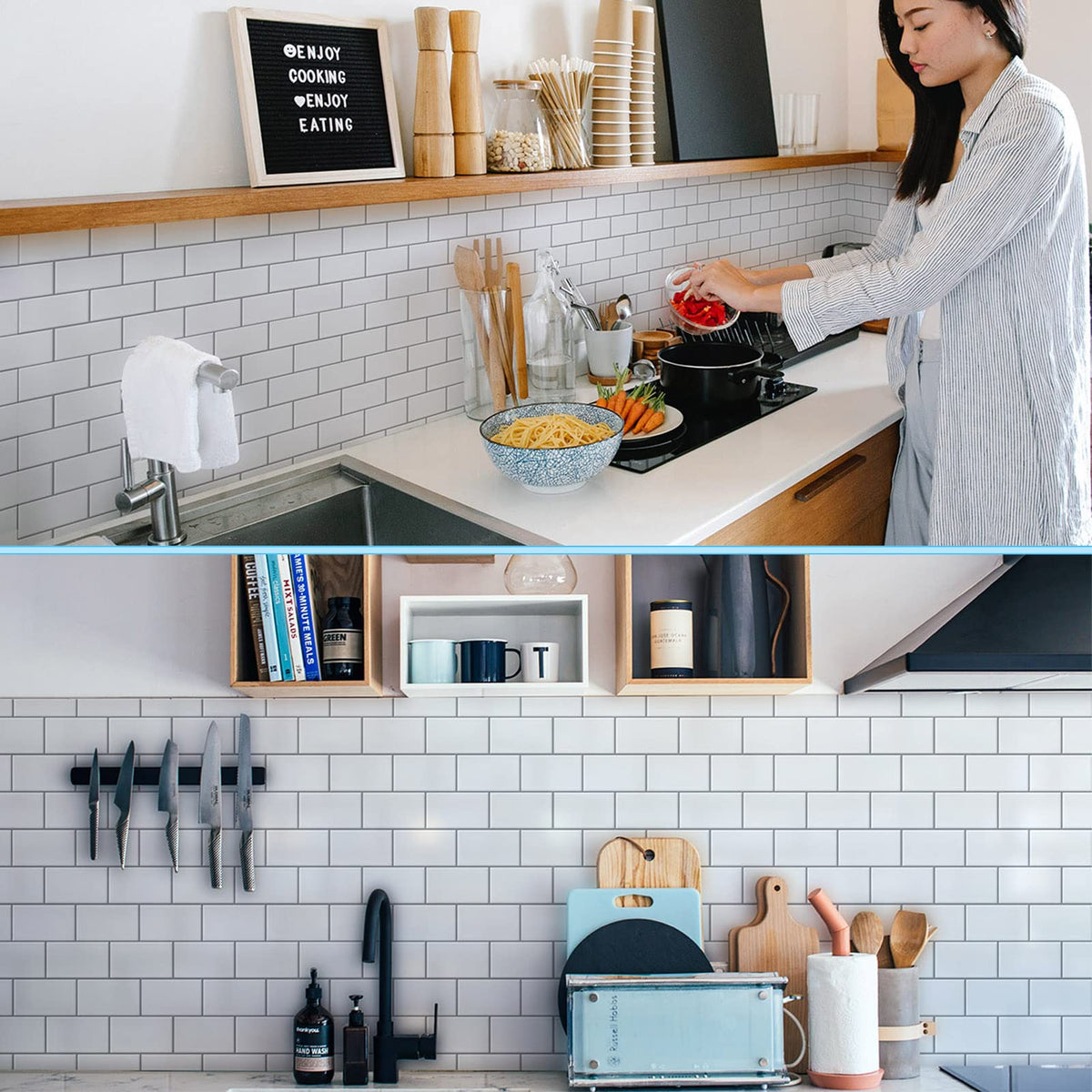 Art3d self-adhesive backsplash tiles enable mess-free, tool-free installation.