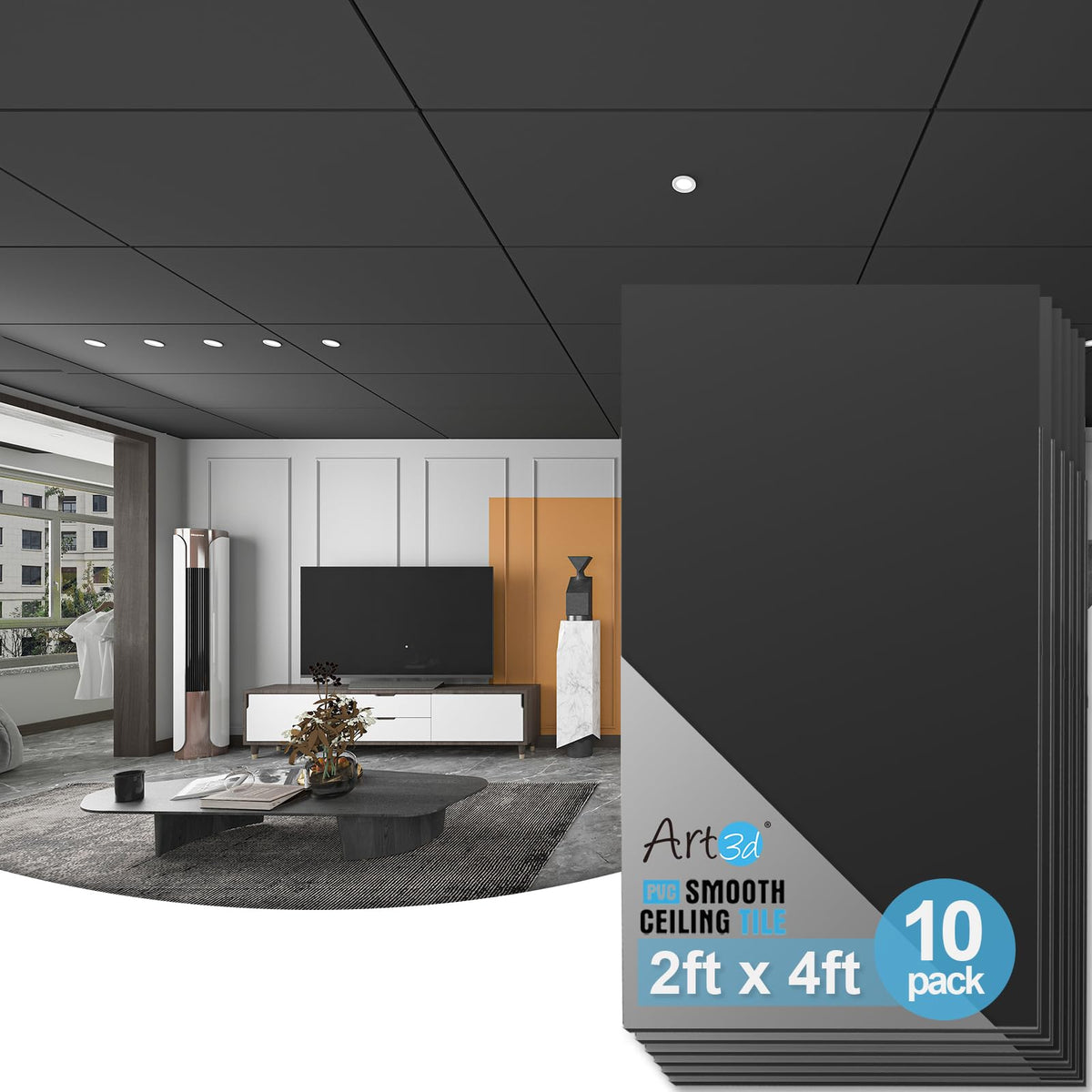 Art3d smooth drop ceiling tile in black for a fast, clean ceiling upgrade.