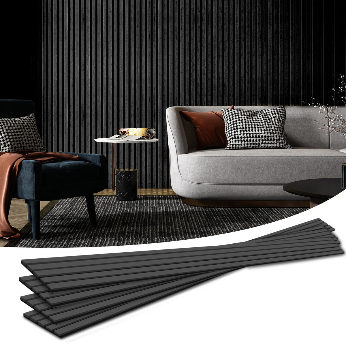 Art3d wood slat panel matte black pack four enhances room acoustics and style.