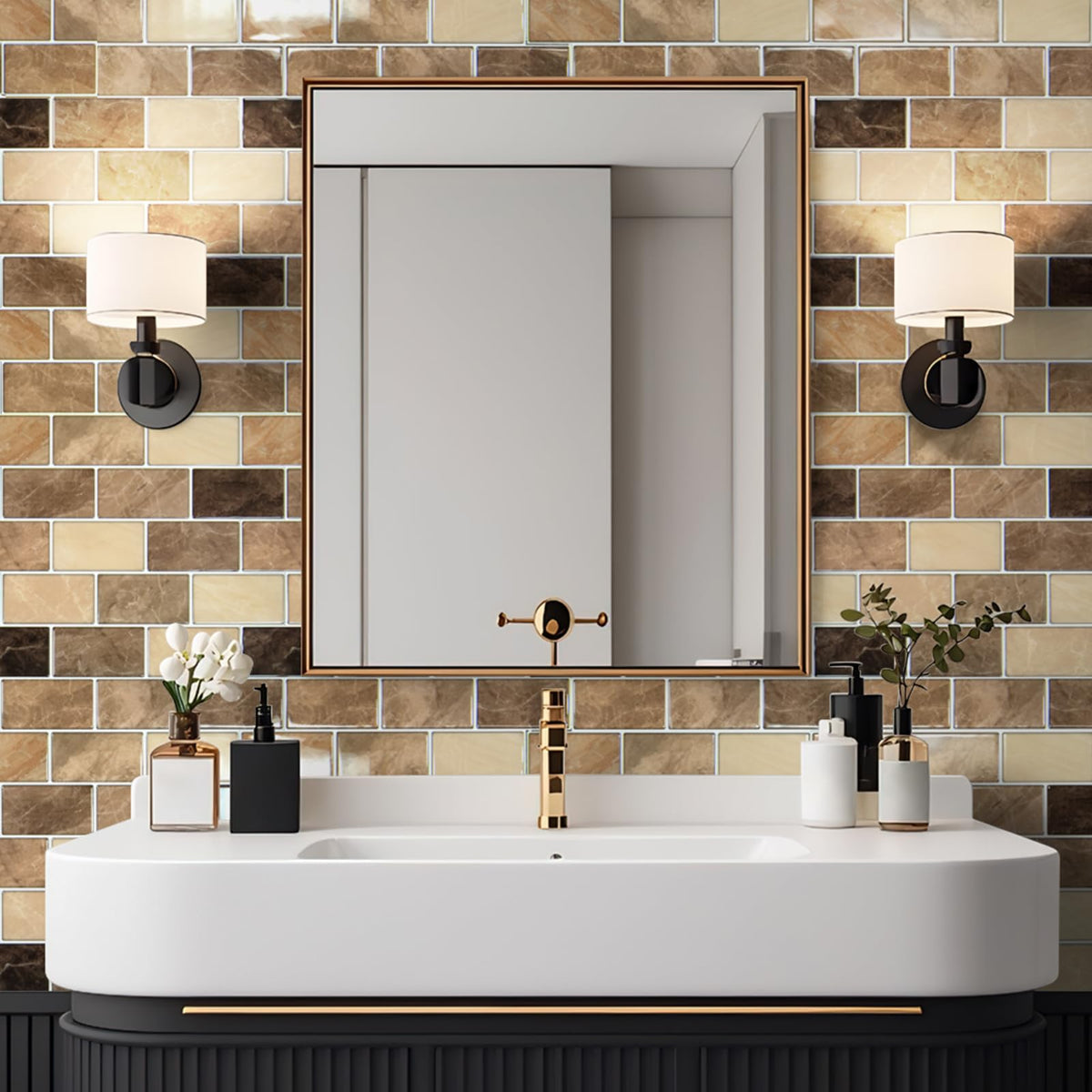 Art3d Yellow Jasper thicker backsplash tile in bathroom, moisture-ready and stylish.