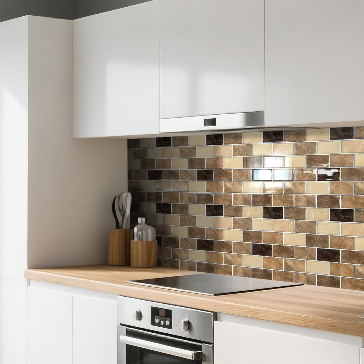 Art3d Yellow Jasper thicker backsplash tile mounted on wall for a sleek kitchen look.