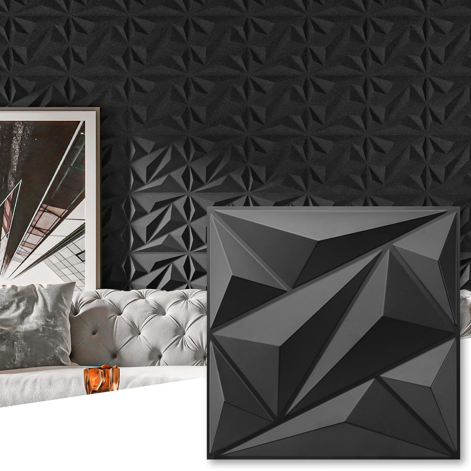 Art3dwallpanels diamond-3d wall panel in black creates a bold living room accent.