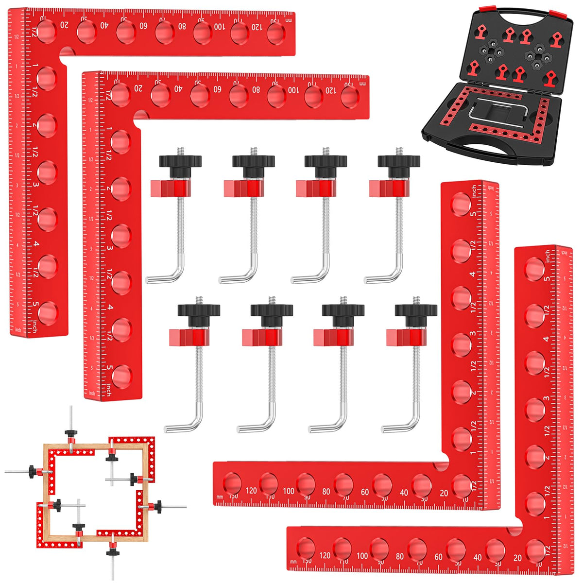 Artelio corner clamps kit open for precise woodworking setup.