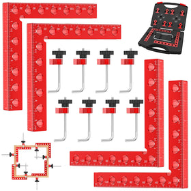Artelio corner clamps kit open for precise woodworking setup.