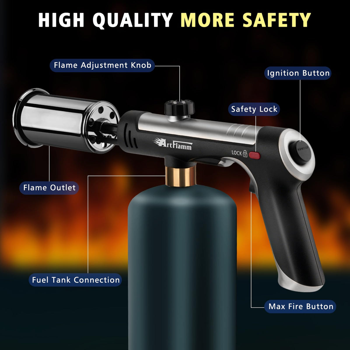ARTFLAMM camping and outdoor use torch for quick ignition and versatility.