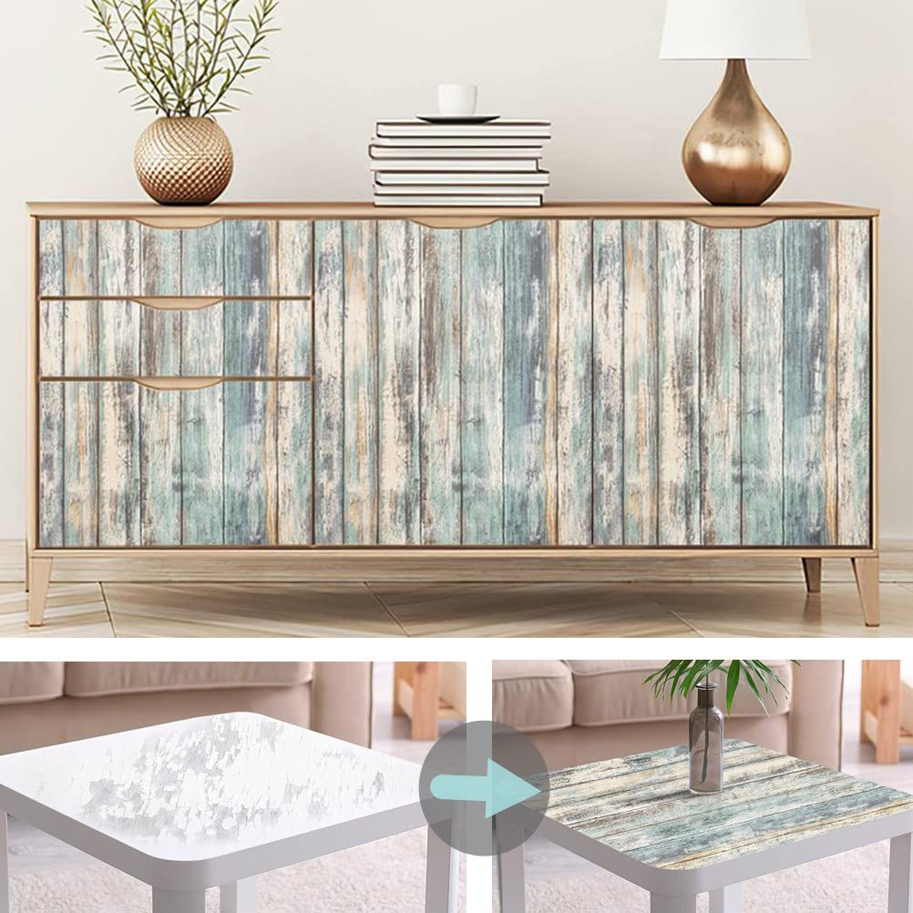 Arthome blue wood wallpaper on shelves to add texture.