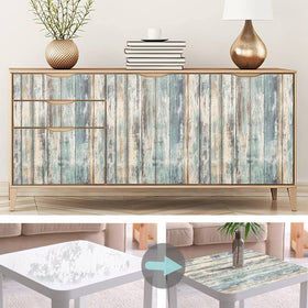Arthome blue wood wallpaper on shelves to add texture.