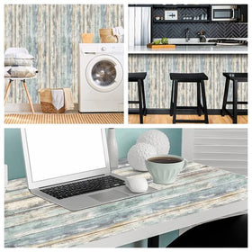 Arthome blue rustic wood paper wall decor transformation.