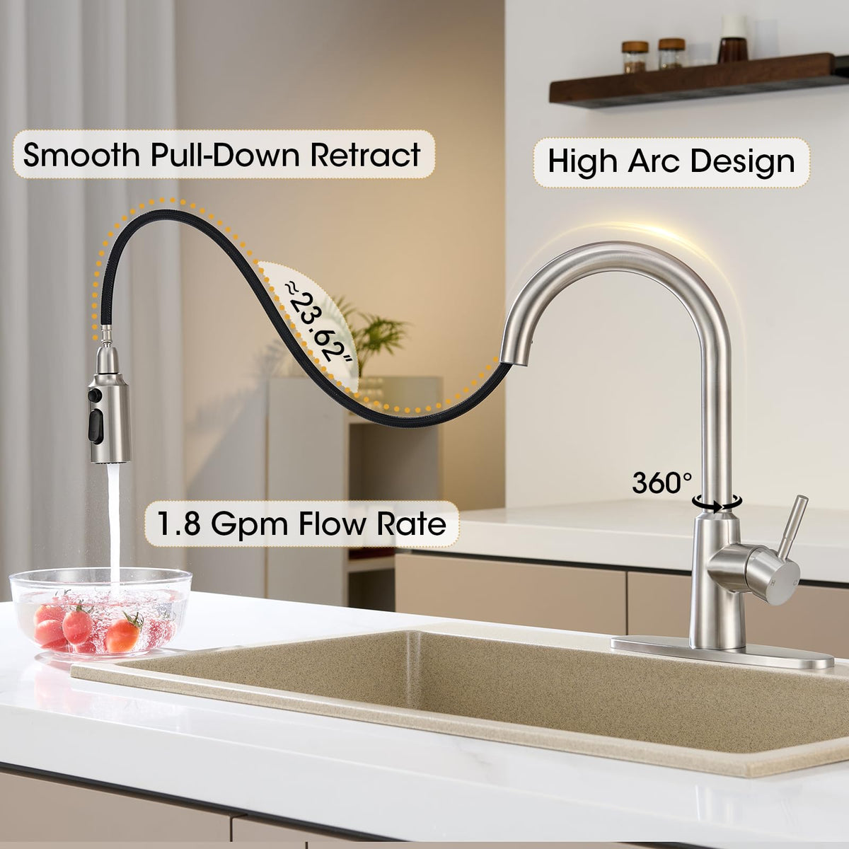 ARTIQUA kitchen faucet brushed nickel finish resists fingerprints and water spots