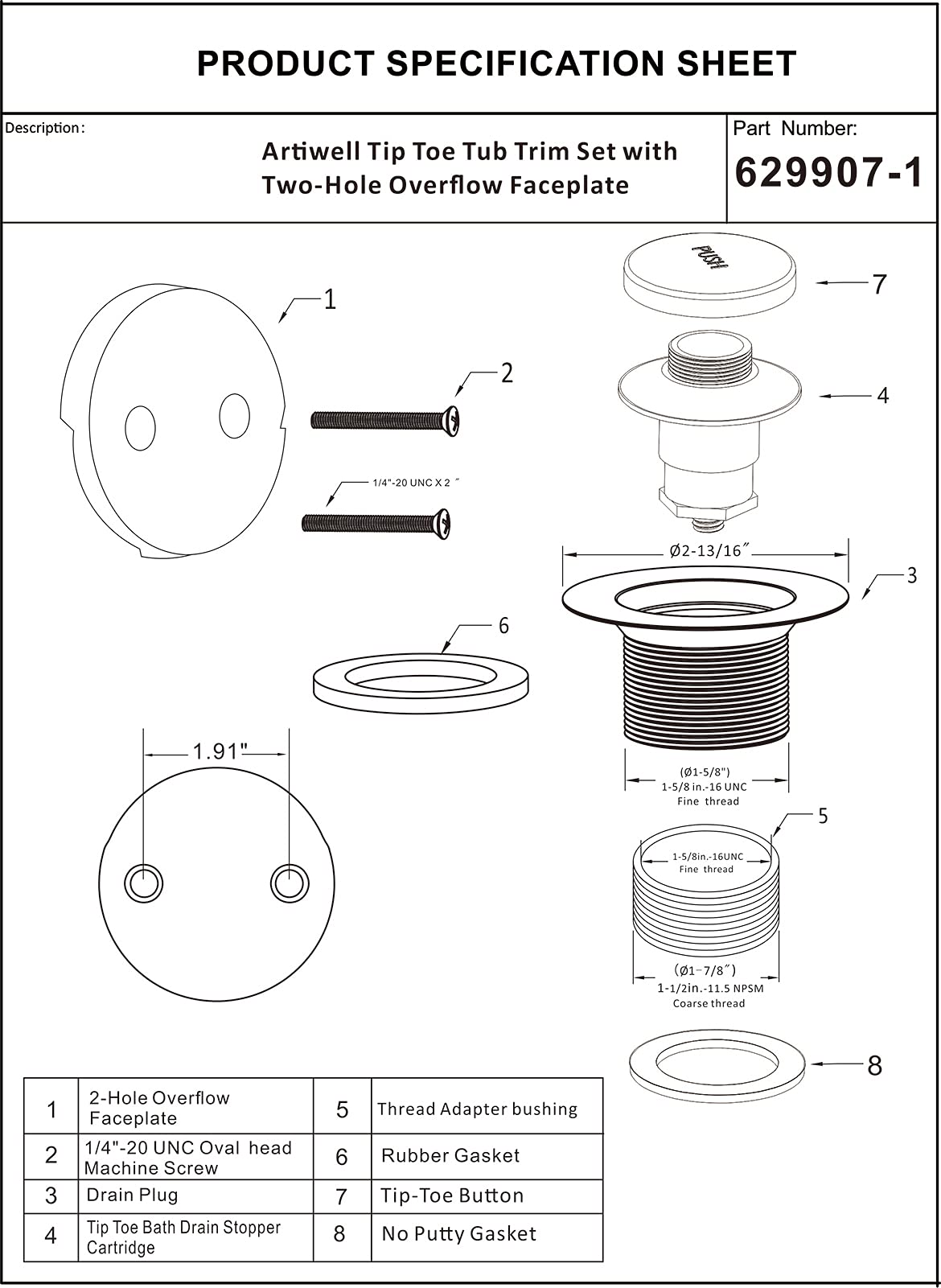 Artiwell adapter bushings fit 1-1/2 and 1-5/8 inch drains for versatile retrofit.