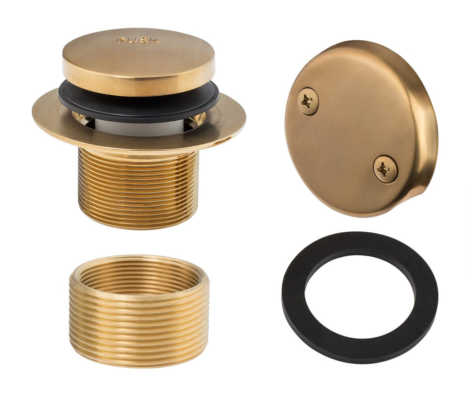 Artiwell Tip-Toe bathtub drain trim in brushed gold with easy push-to-close operation and stylish finish.