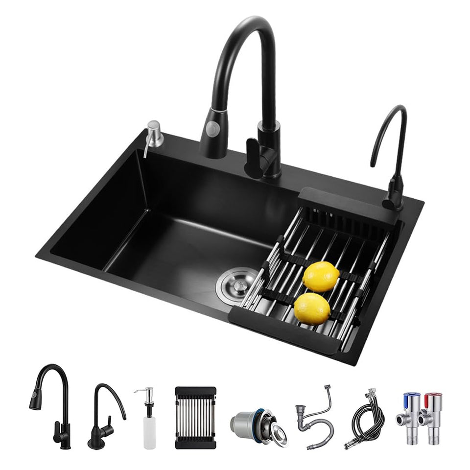 ARTLINE black sink front view shows sleek, easy-clean finish for busy kitchens