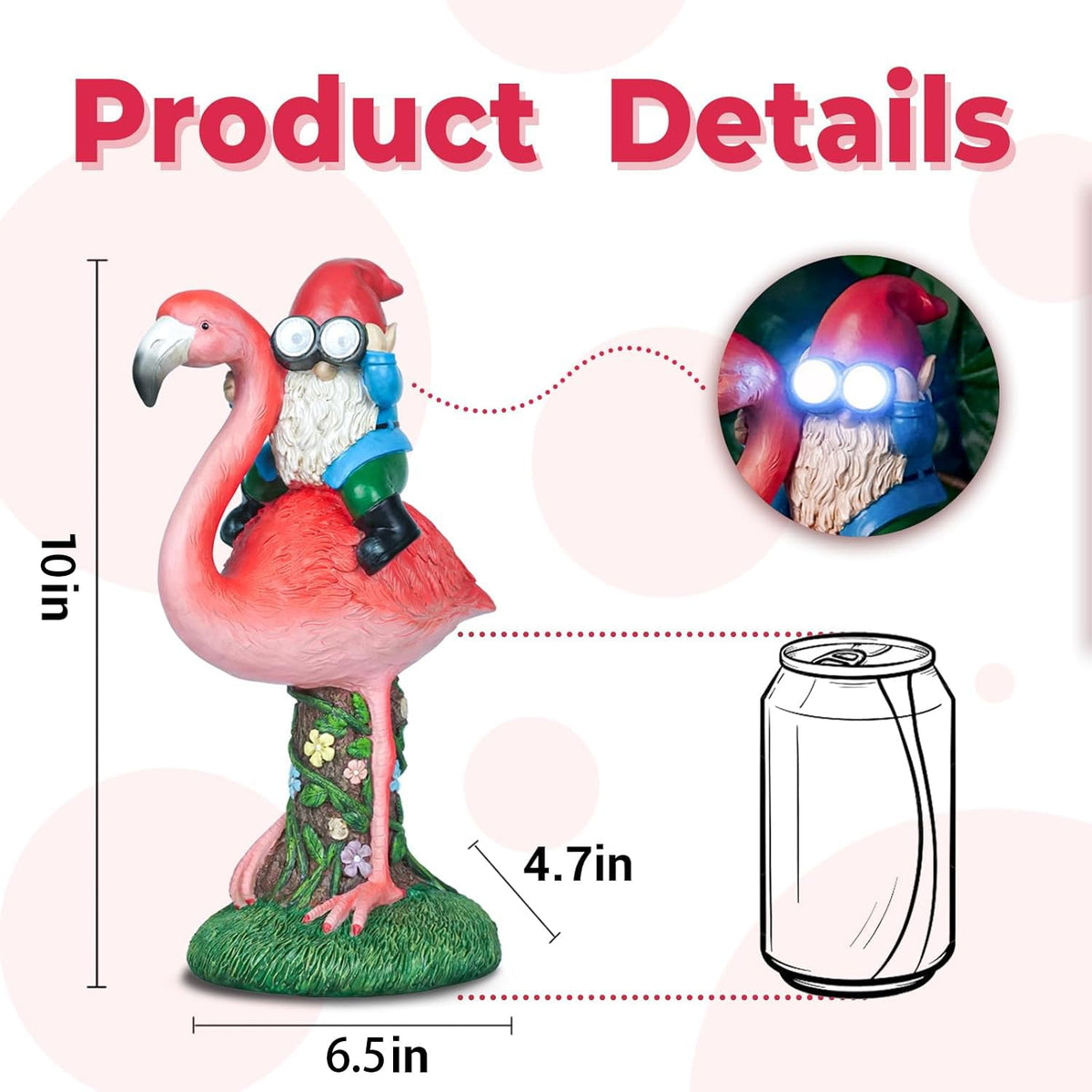 ArtTerpnica solar flamingo gnome durable resin withstands outdoor weather.