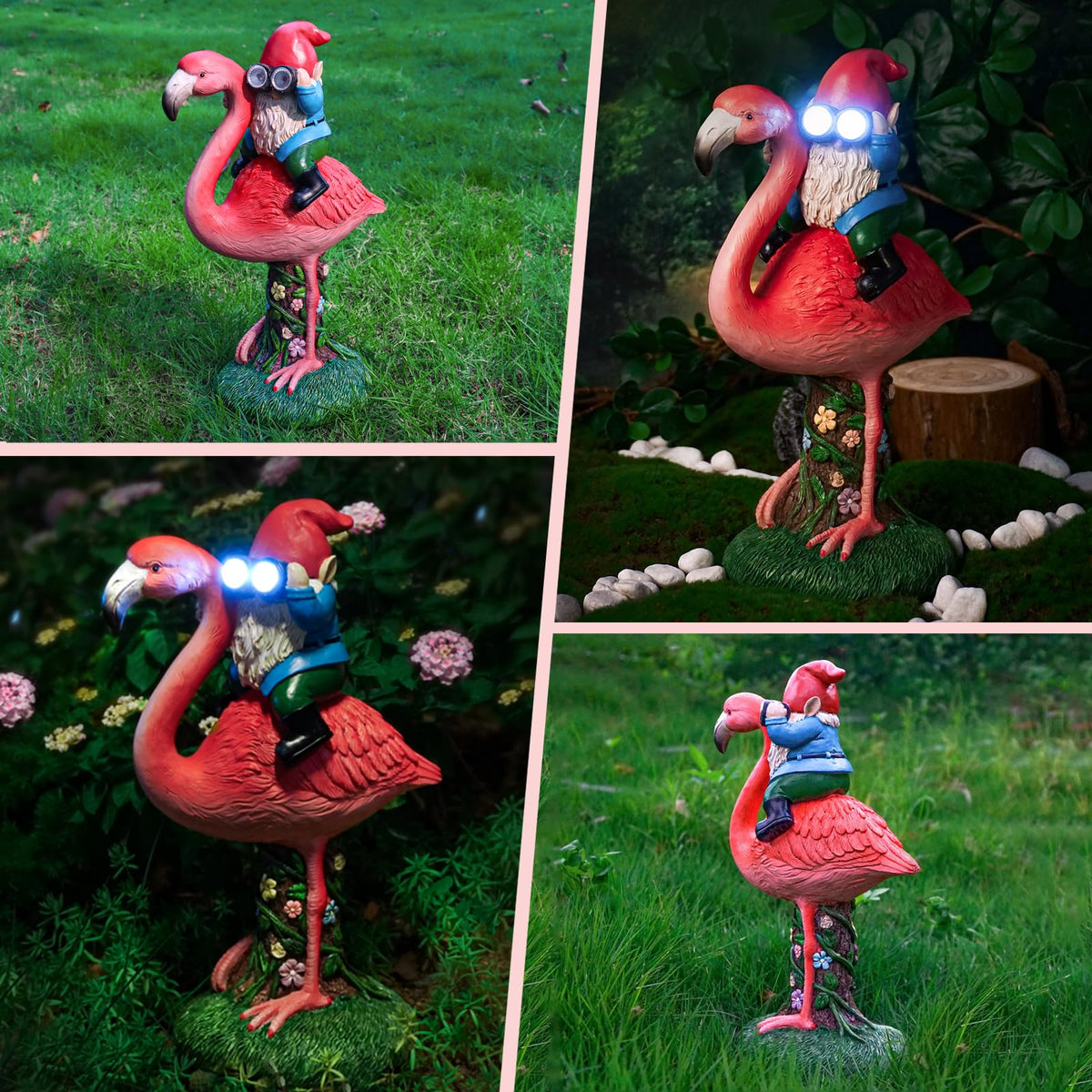 ArtTerpnica solar flamingo gnome telescope glow lights up the night garden.