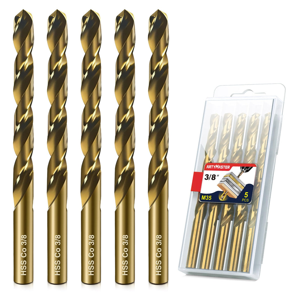 ARTYMASTER 5pc 3/8 inch drill bits in a portable case for versatile drilling.