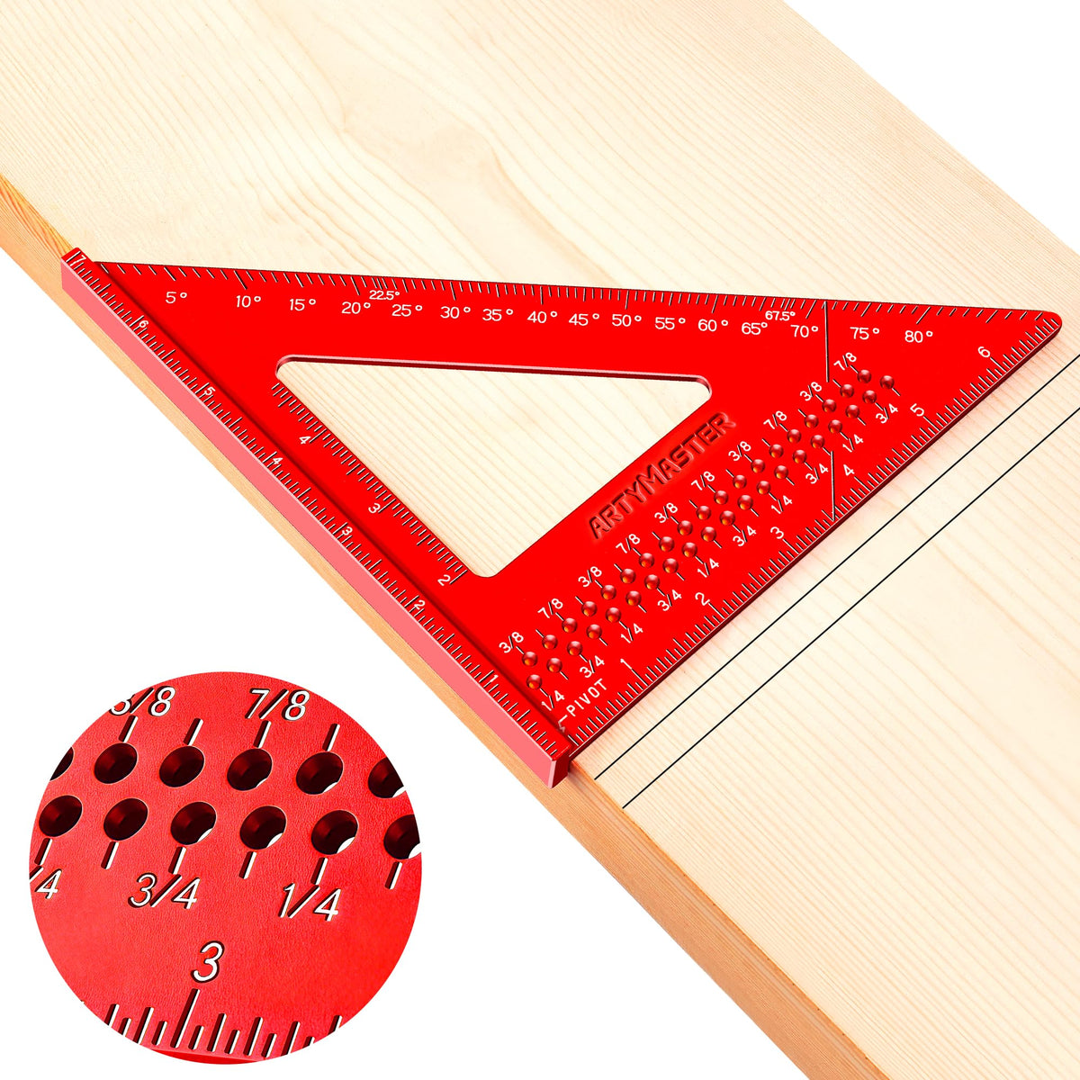 ARTYMASTER 7-inch carpenter square front view shows integrated rulers for precise layouts.