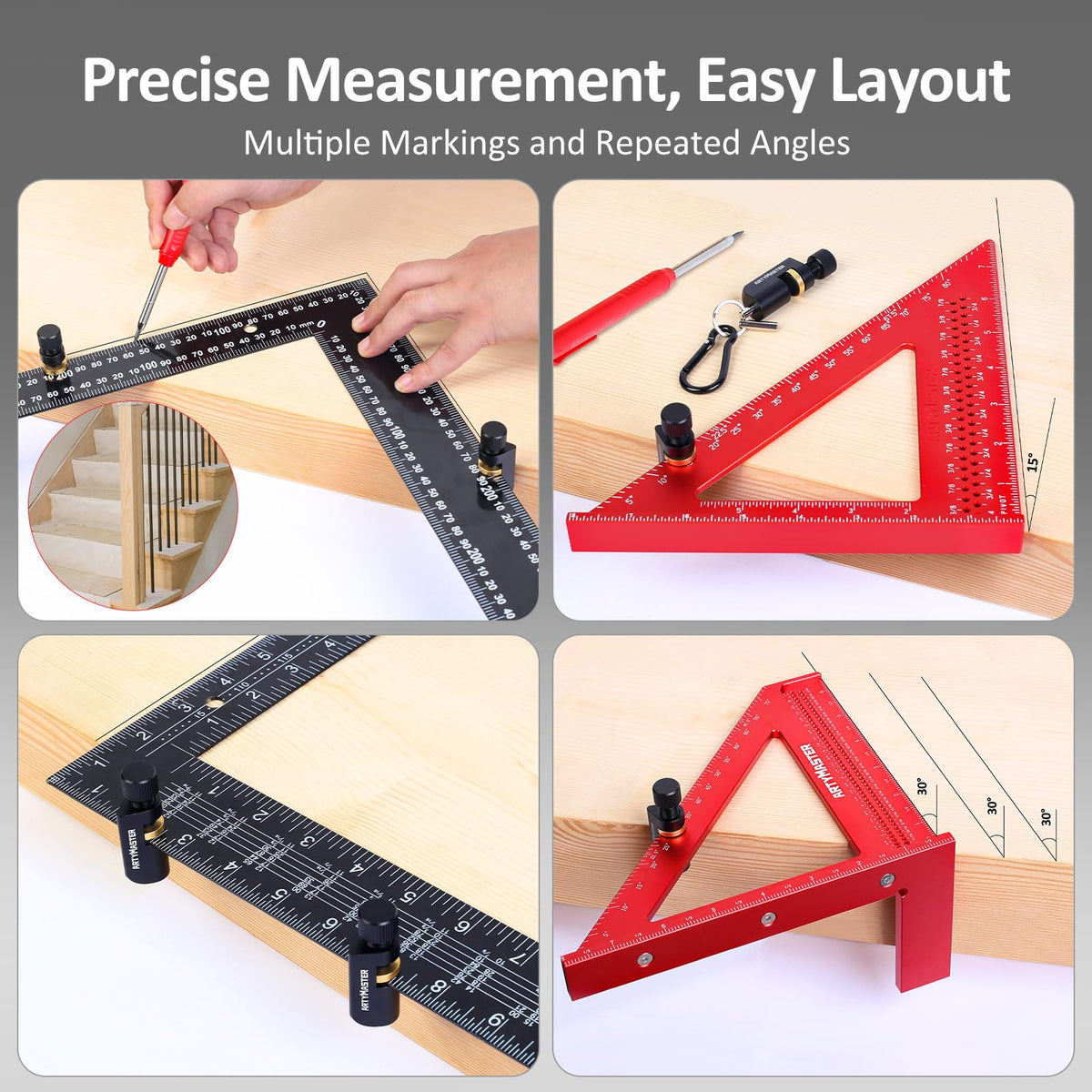 ArtyMaster framing square attachment enables quick measurements for stair layouts.