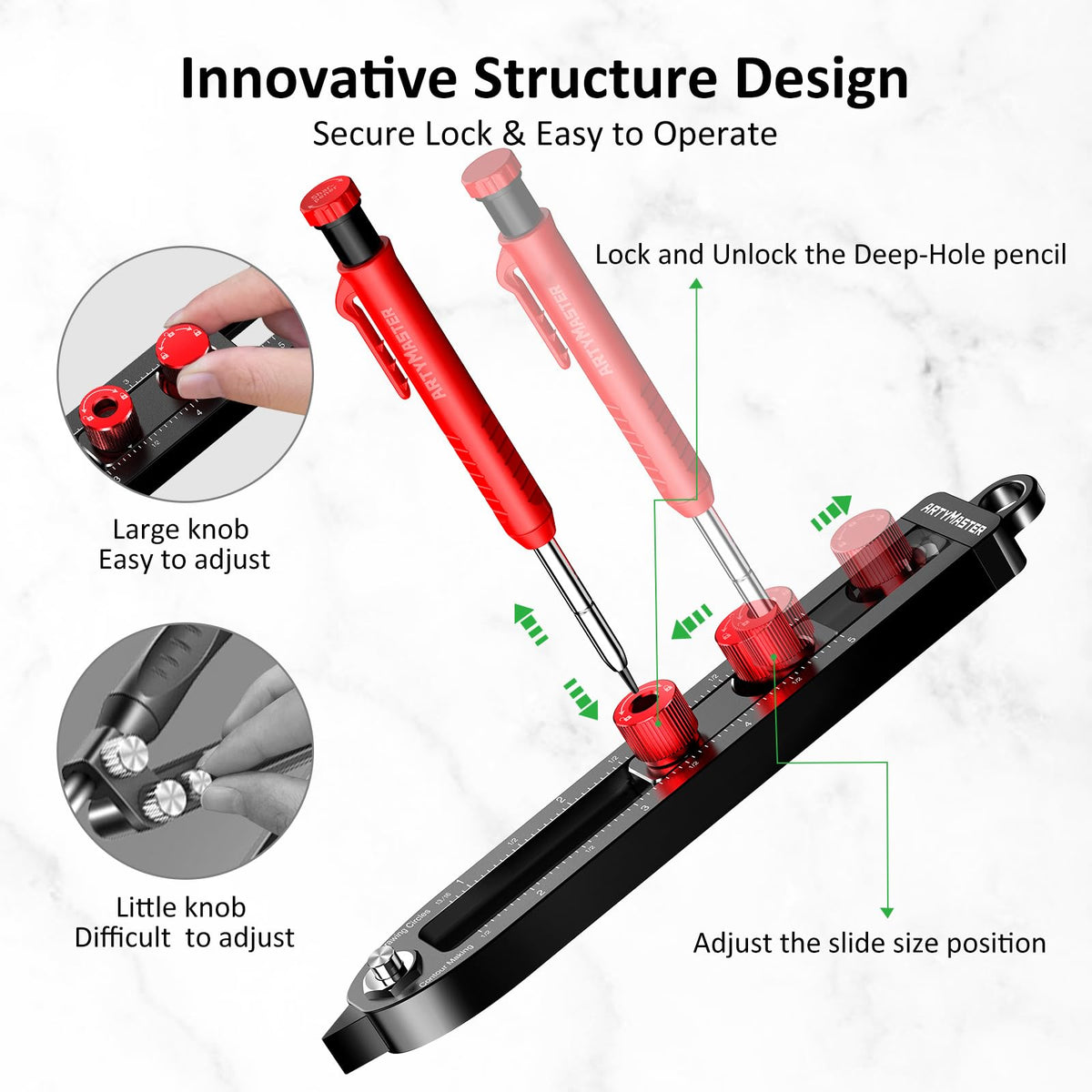 ARTYMASTER hidden retractable center pin for arc drawing and easy portability.