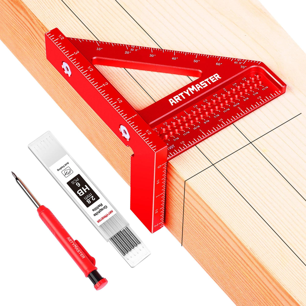 ARTYMASTER WT102A mini 3D angle ruler demonstrating precise layouts with clear imperial scales.