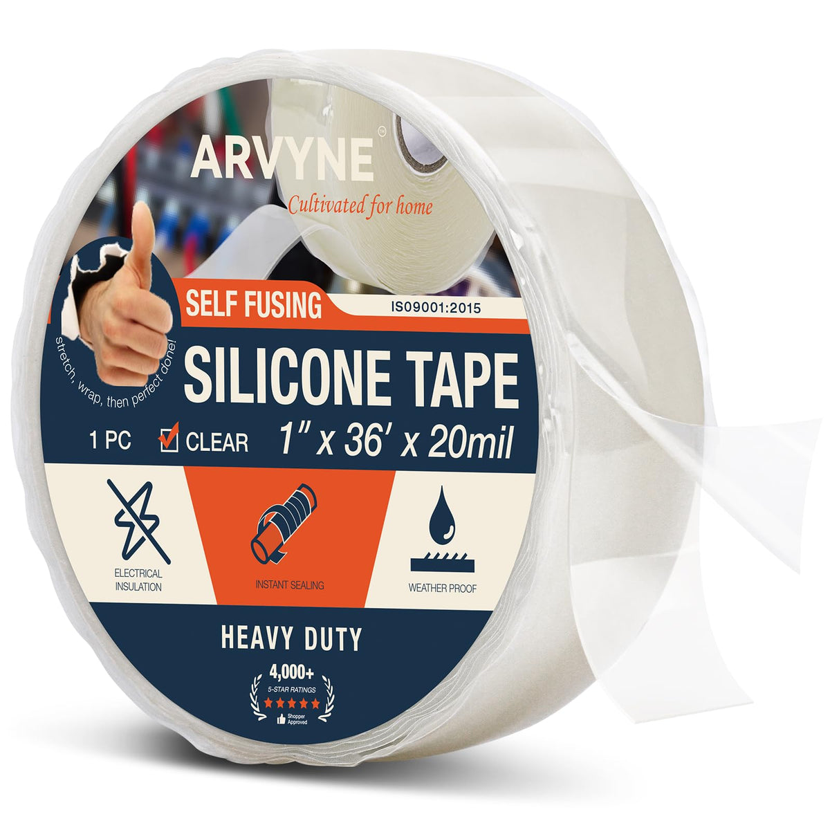 Arvyne self-fusing silicone tape roll 1in x 36ft 20mil creates a fast leak seal.