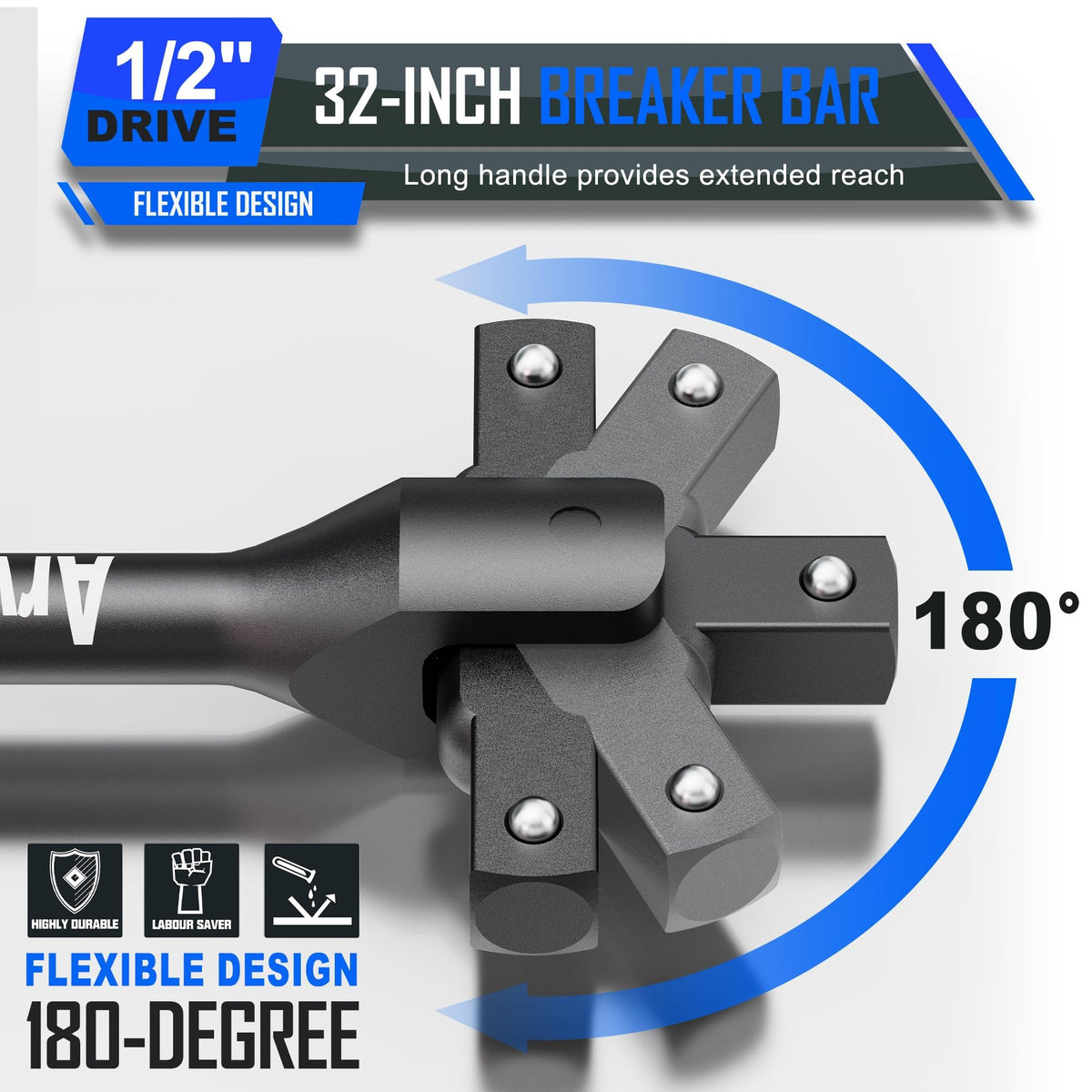 Arwealxs breaker bar with rotatable head for versatile torque from multiple angles.