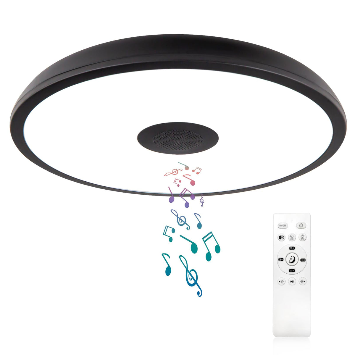 ASALL black LED flush mount with Bluetooth speaker viewed from below enhances bathroom ambience.