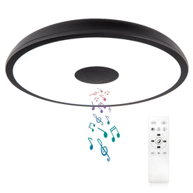 ASALL black LED flush mount with Bluetooth speaker viewed from below enhances bathroom ambience.