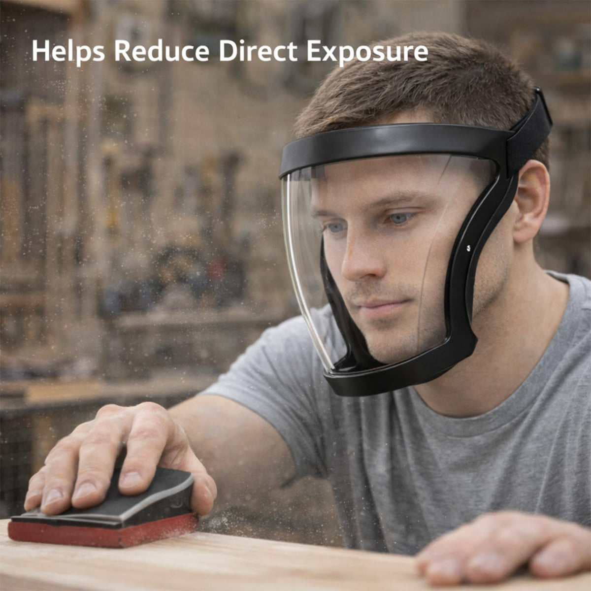 Ascavs face shield protects against debris like wood chips and dust during work.