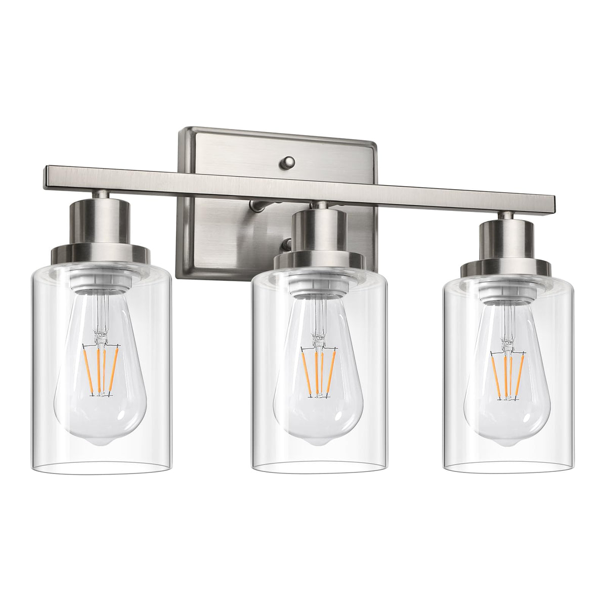 Ascher 3-light vanity fixture with brushed nickel finish and clear glass shades brightens bathrooms