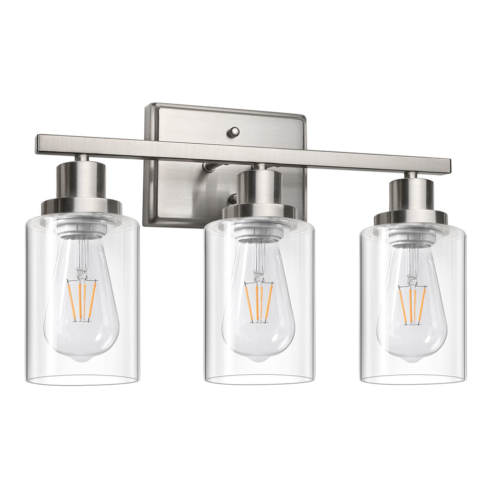 Ascher 3-light vanity fixture with brushed nickel finish and clear glass shades brightens bathrooms