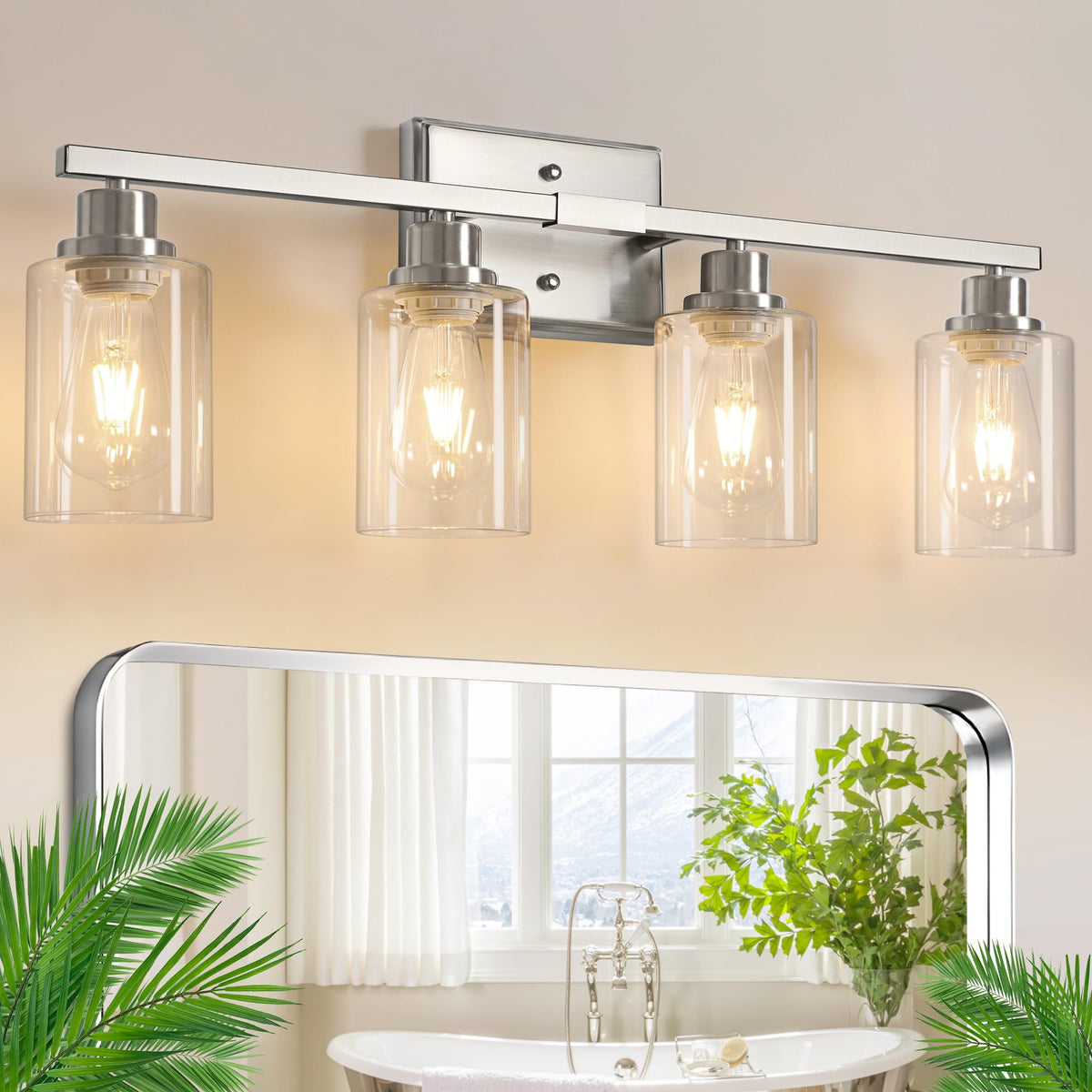 Ascher 4-light vanity with clear glass shades and brushed nickel finish for bright makeup area.