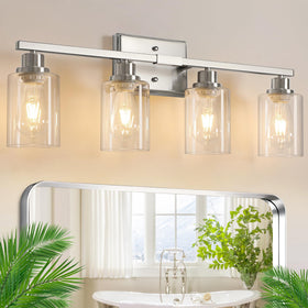 Ascher 4-light vanity with clear glass shades and brushed nickel finish for bright makeup area.
