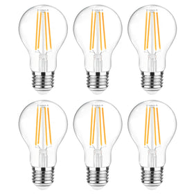 Ascher 60W-equivalent LED filament bulb with clear glass, front view; ideal for vintage lighting.
