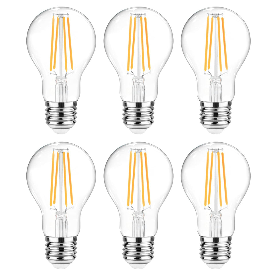 Ascher 60W-equivalent LED filament bulb with clear glass, front view; ideal for vintage lighting.