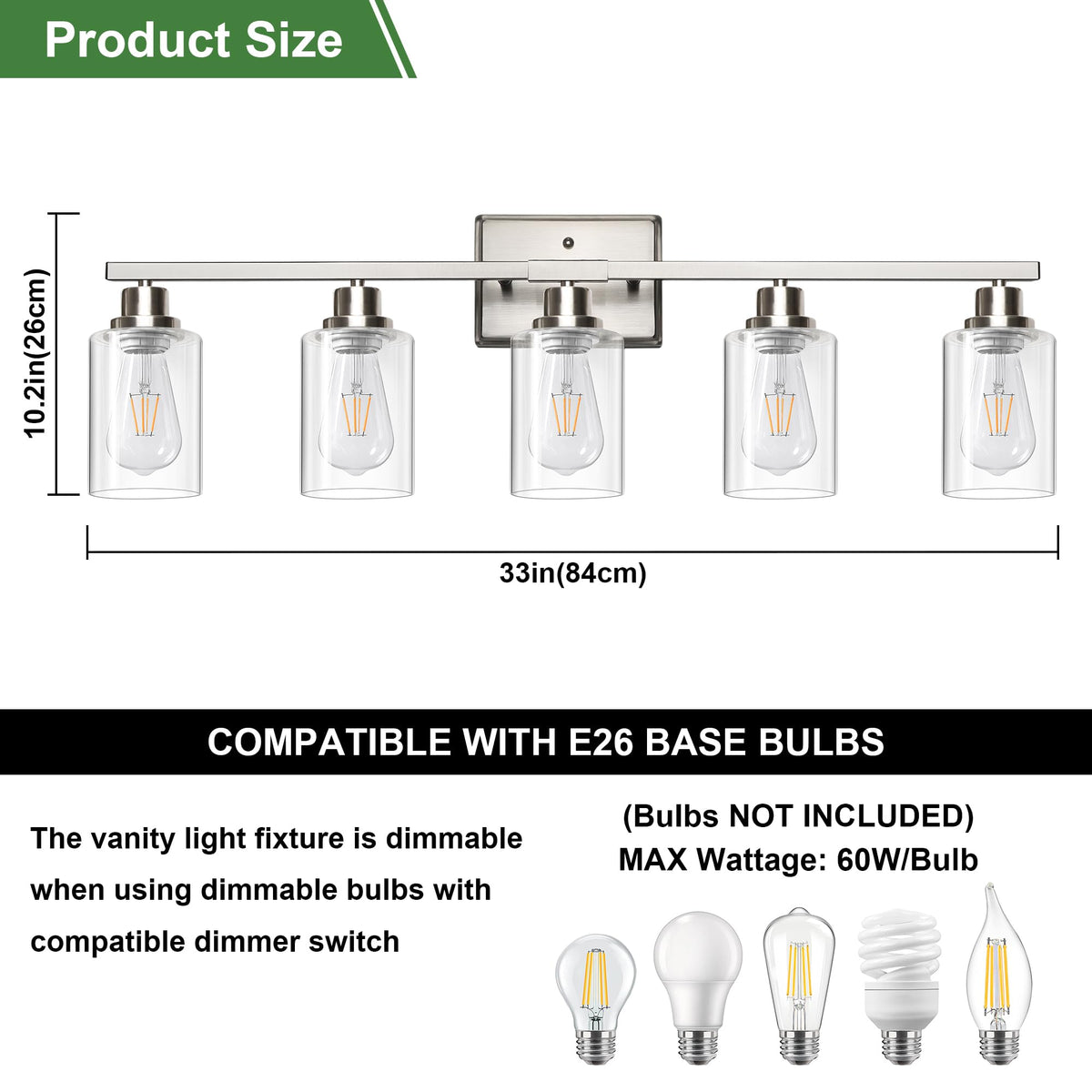 Ascher e26 vanity light supports dimmable bulbs for customizable mood lighting.