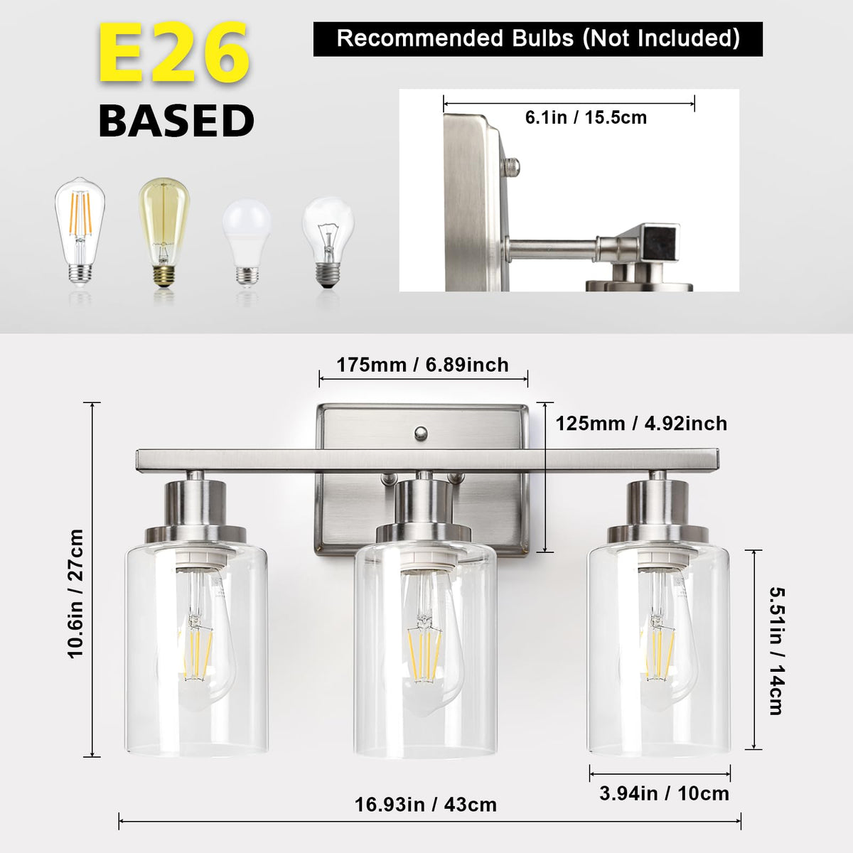 Ascher vanity light uses standard E26 base for flexible bulb choices