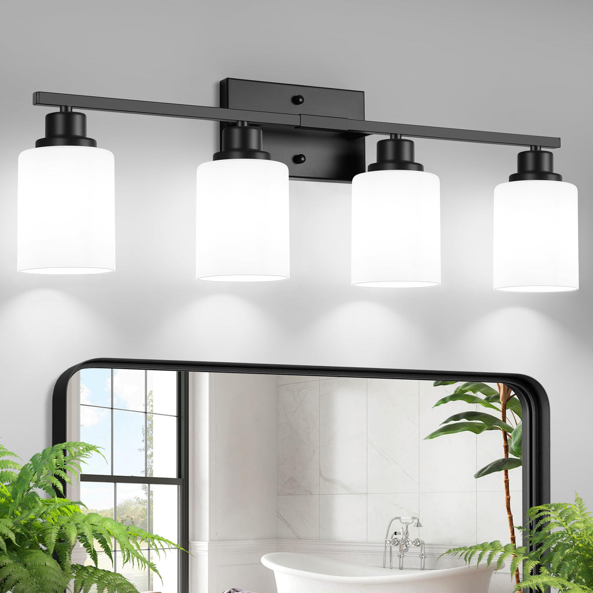 Ascher four-light vanity in matte black overhead mirror for balanced illumination