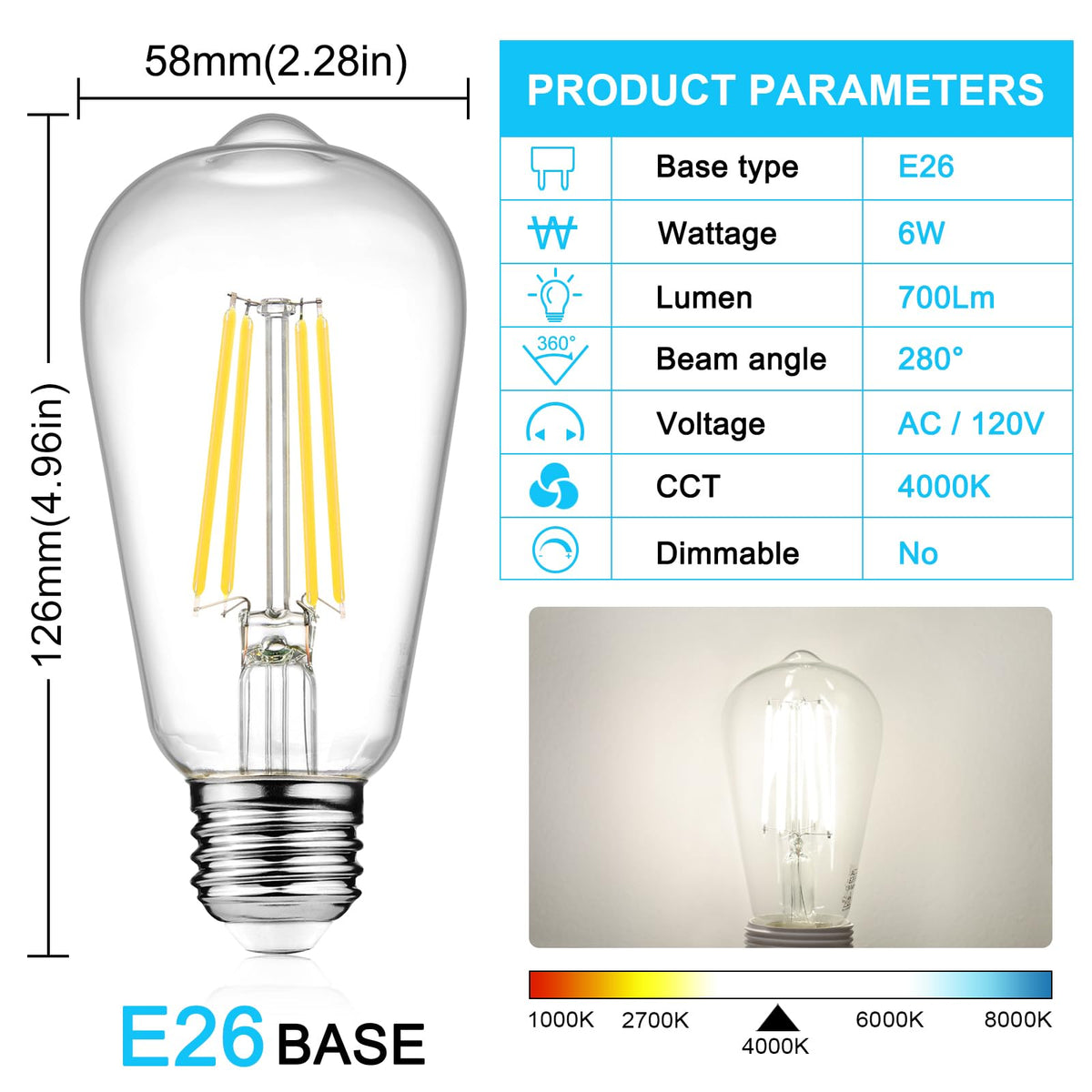 Close-up of Ascher LED Edison bulb with 700-lumen brightness detail