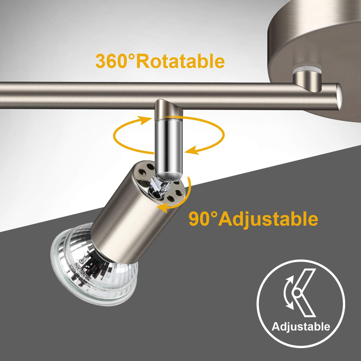 Ascher track heads showing 360-degree rotation for flexible angles
