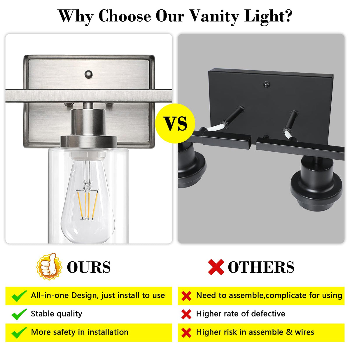 Ascher vanity light with clear glass shades delivers crisp reflections above the mirror