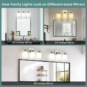 Ascher vanity light spans 17.5 inches for wide mirror coverage.